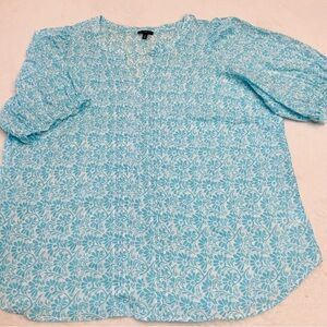 TALBOTS PLUS Women's Aqua Blue Floral Short Sleeve Lightweight Top | 100% Cotton
